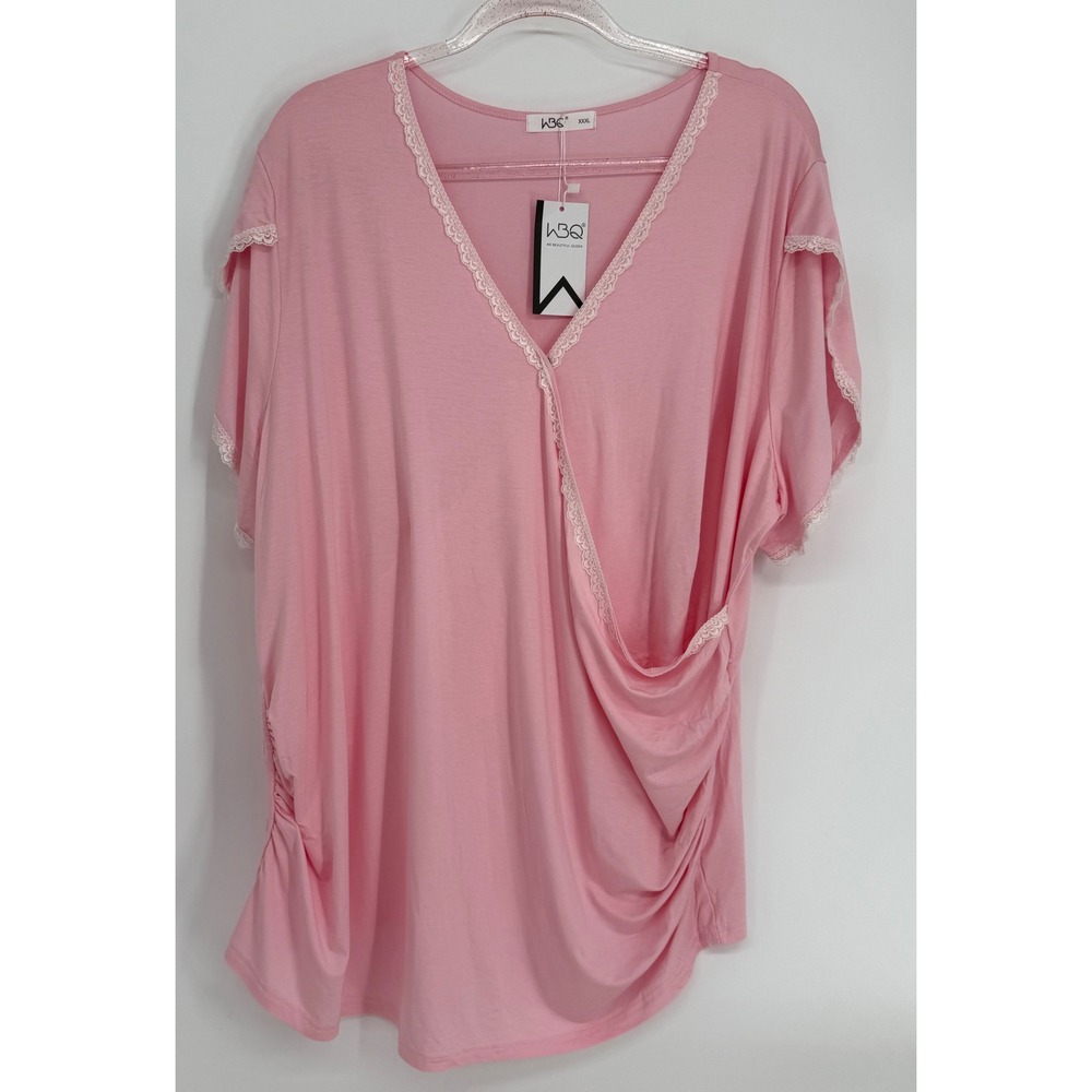 WBQ Pink Faux Wrap Lace Trim Ruched Plus Size Top Sz XXXL NEW